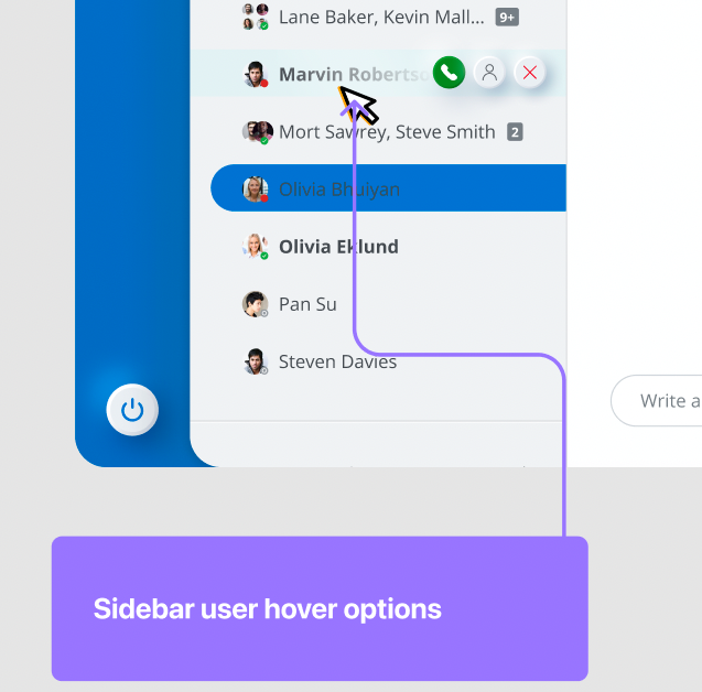 Sidebar hover options allowing one-click voice or video calling.