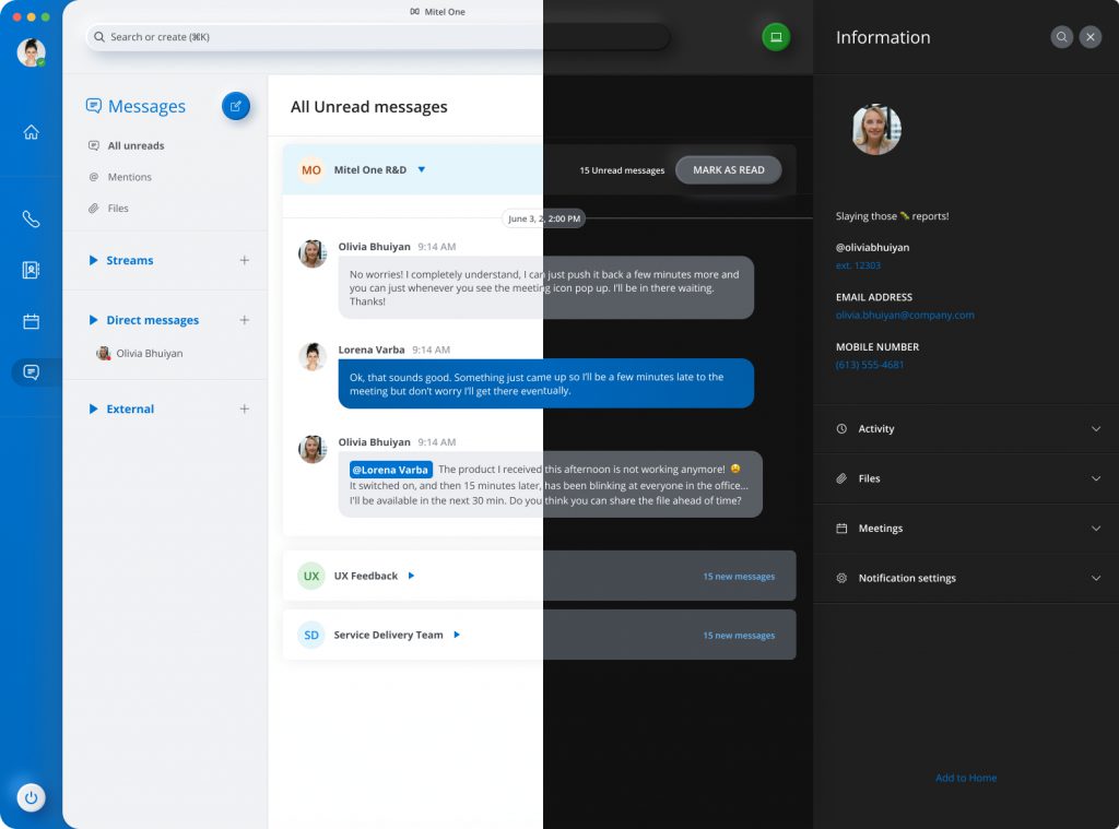 Mitel One messages dark mode transition